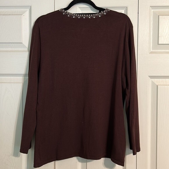 POINTELLE Size X-Large Silk Blend Brown Beaded V-Neck Lightweight Sweater - Picture 6 of 6